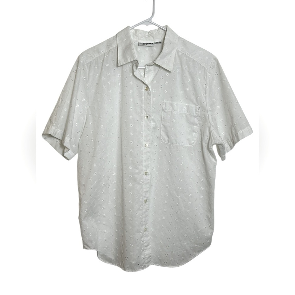 Summer White Eyelet Collared Size 16 Button Down Short Sleeve Shirt